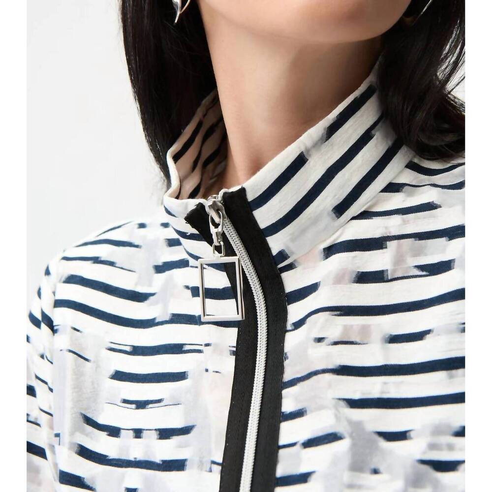 NEW JOSEPH RIBKOFF jacquard organza stripped bomber jacket in off-white/navy - Picture 3 of 5